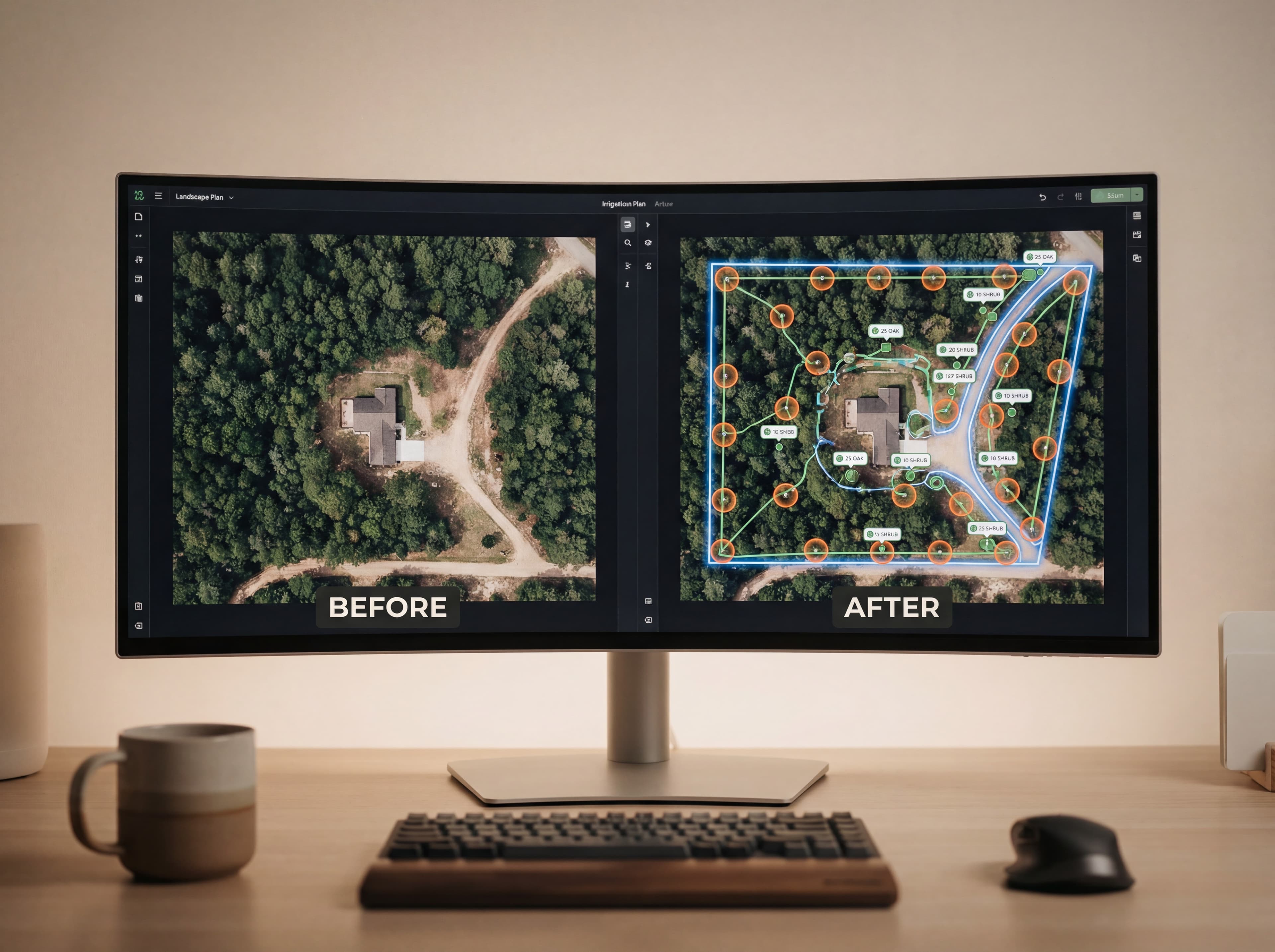 AI analysis interface detecting and highlighting various symbols and annotations on a landscape blueprint, with callout text being automatically extracted