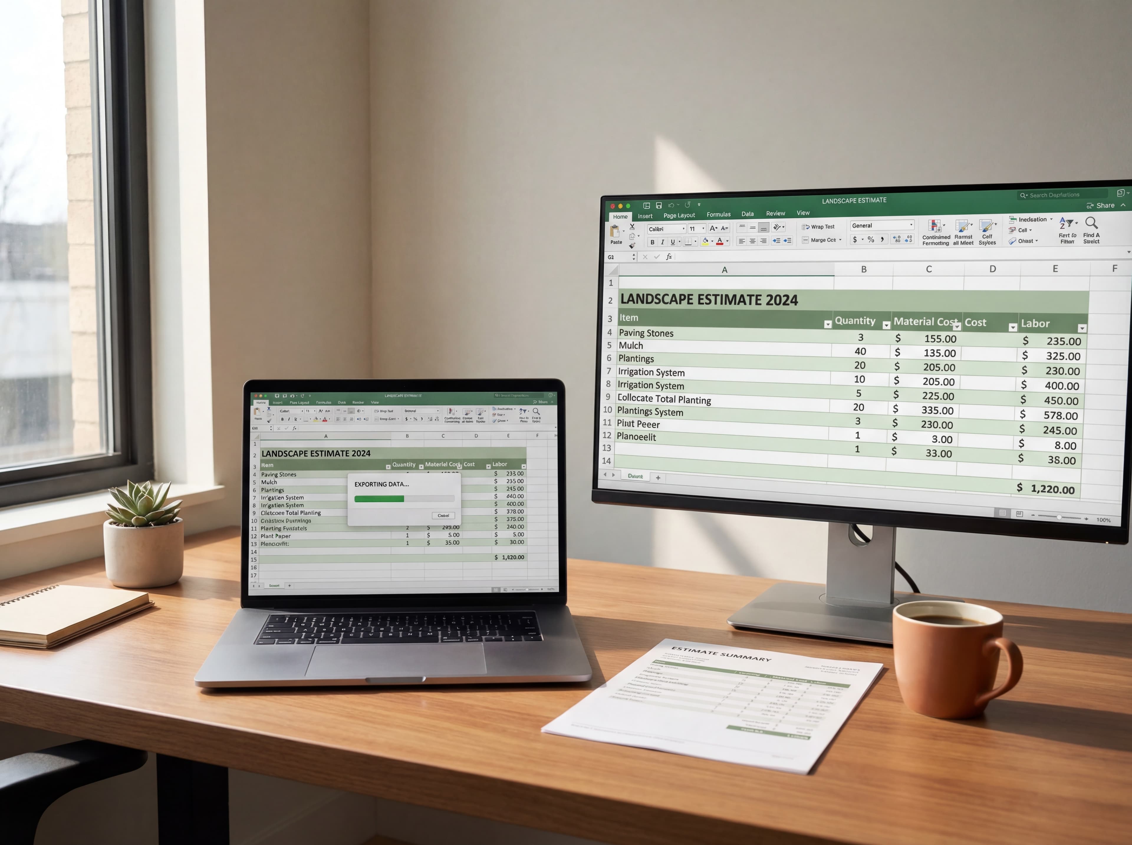 Clean estimate table interface showing organized takeoff items with quantities, unit prices, and totals, ready for export to Excel or PDF