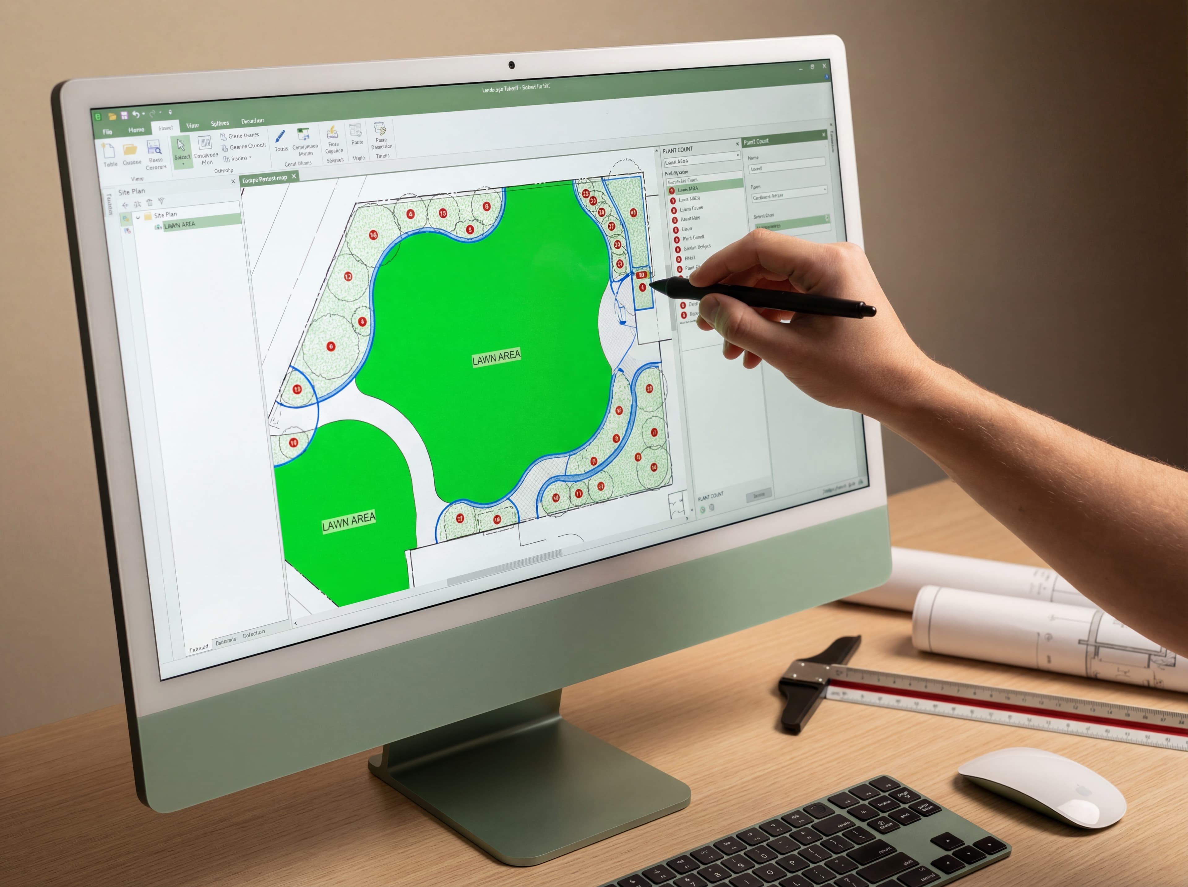 Software interface showing AI-powered automatic measurement tools analyzing a landscape plan, with area polygons, length measurements, and plant count indicators overlaid in sage green