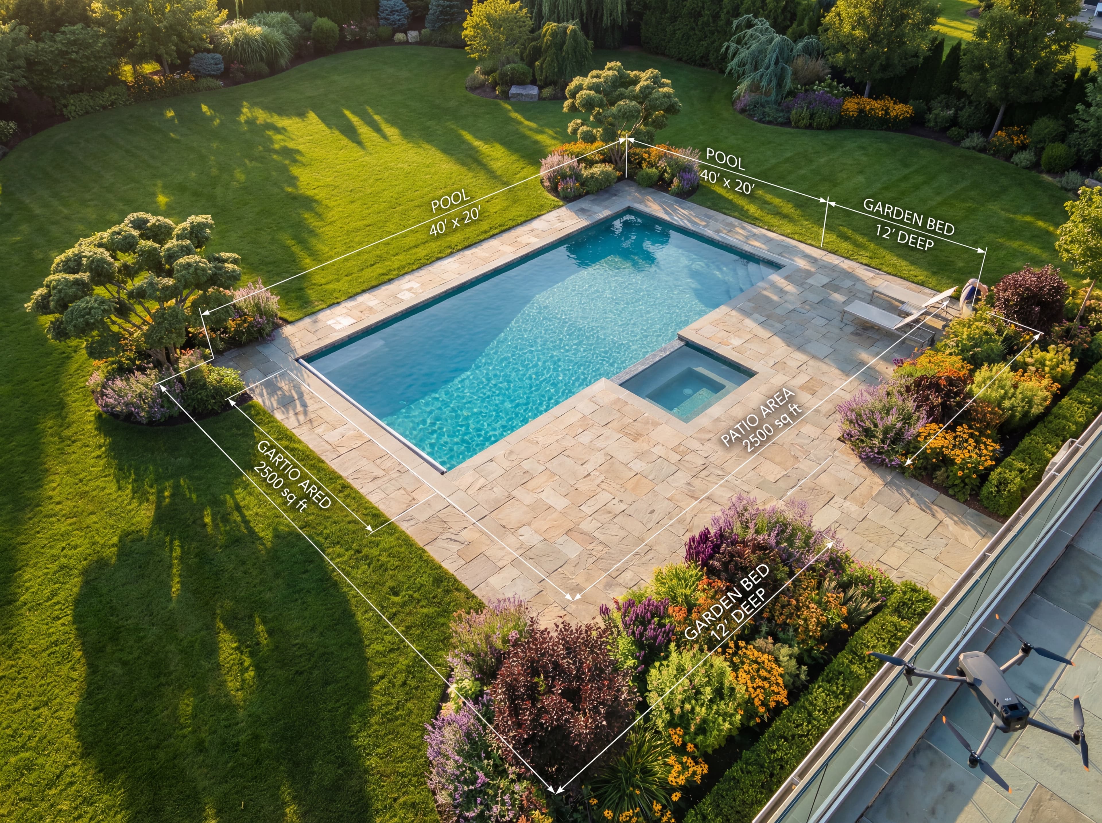 Luxurious completed backyard landscape with pool, patio, and garden