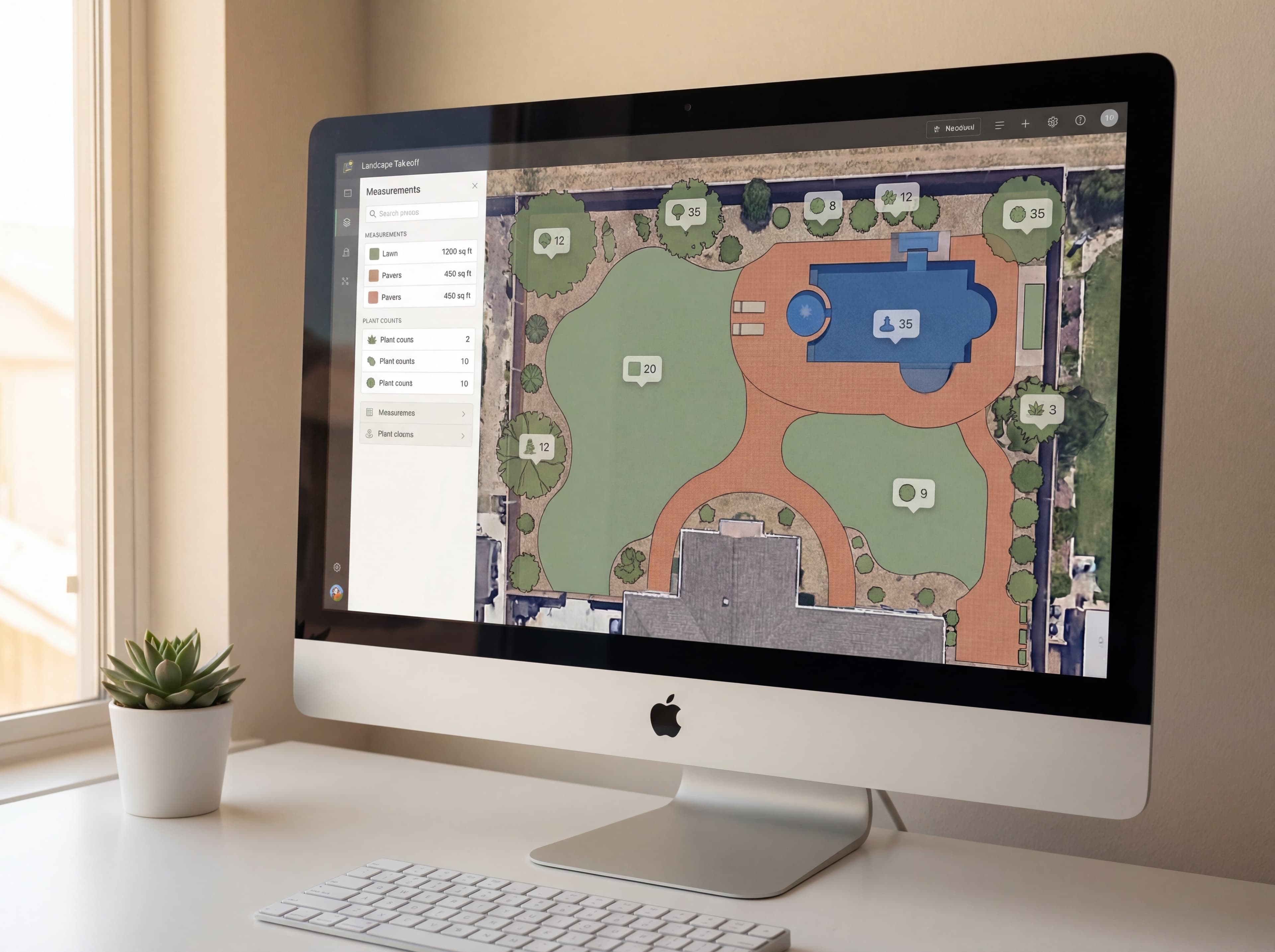 Landscape takeoff software showing a residential plan with colorful measurement overlays for lawn, pavers, and plant counts
