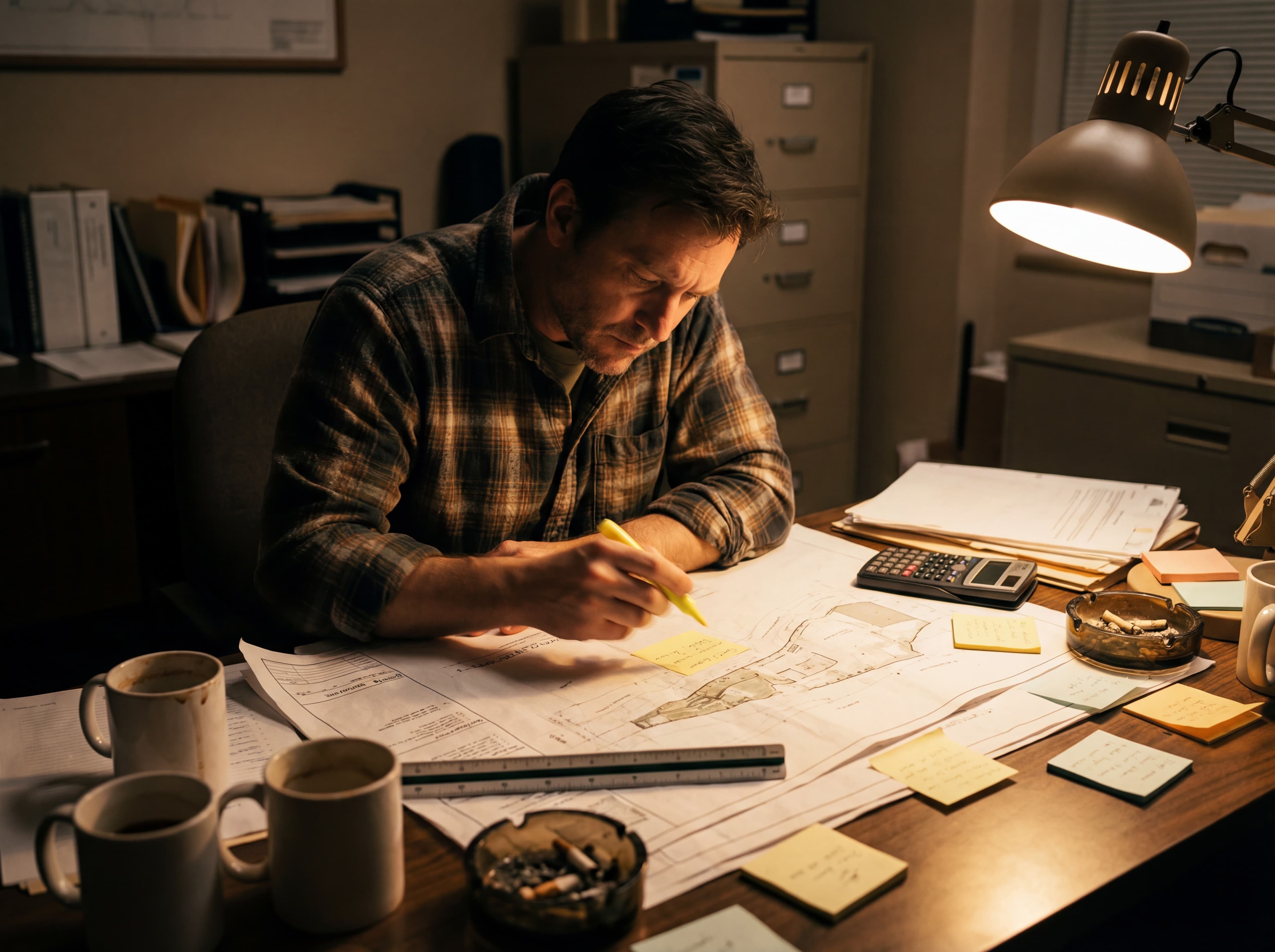 Tired landscape estimator working late at cluttered desk with blueprints, highlighter, and calculator