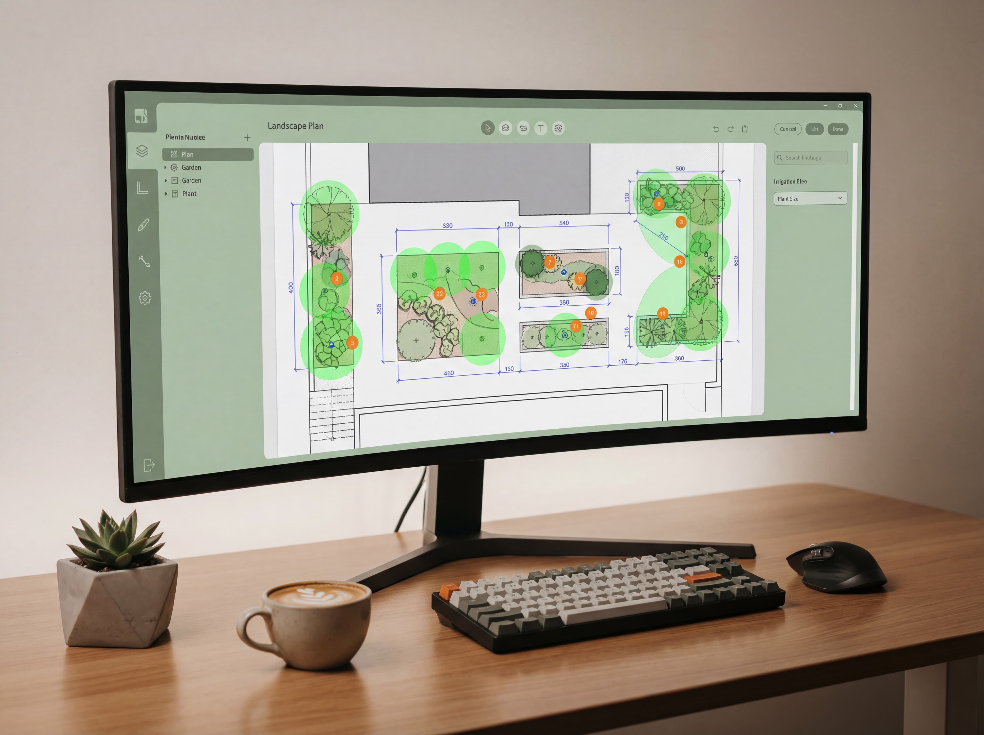 Monitor displaying landscape plan with AI-highlighted plant symbols and measurement lines