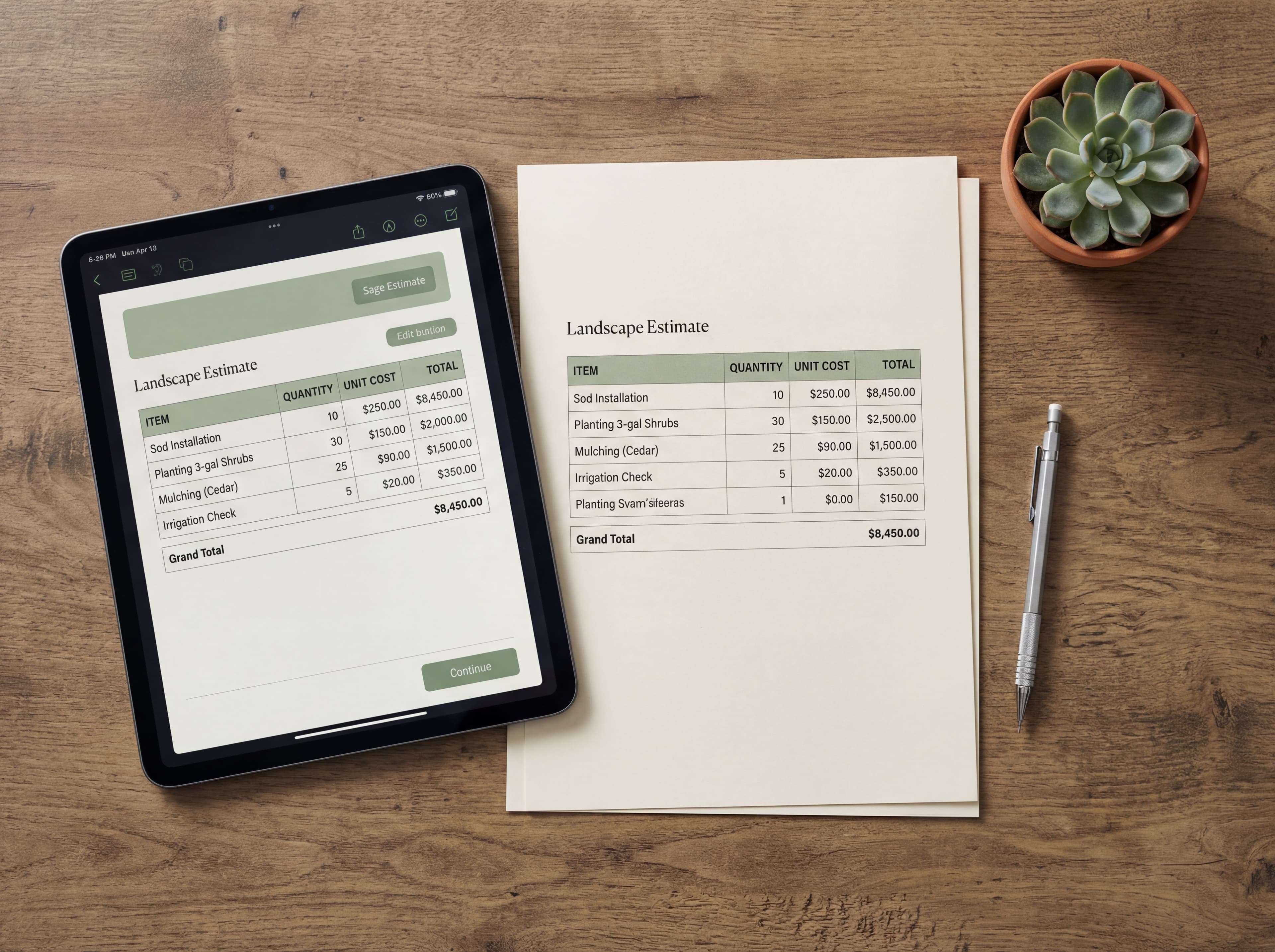 Professional estimate document with iPad showing digital version