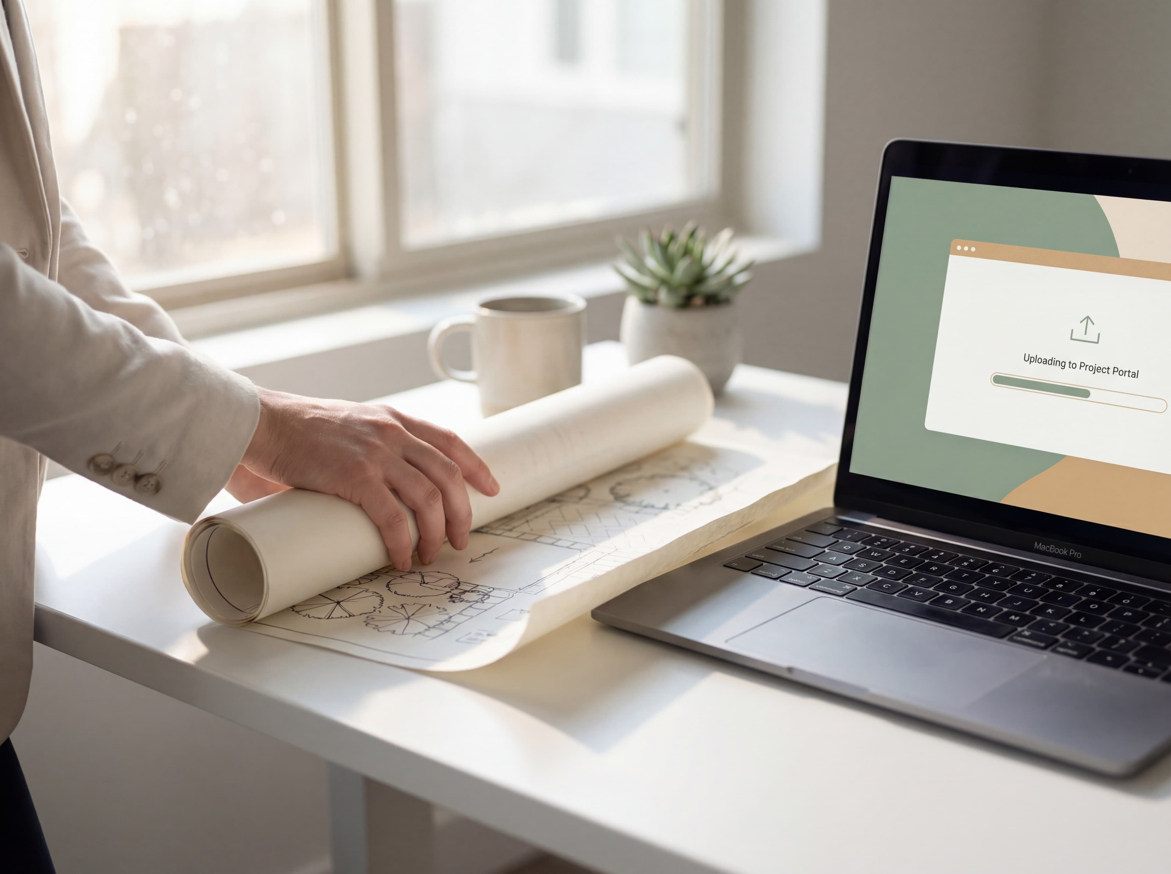 Professional placing a landscape blueprint on desk next to MacBook showing upload interface